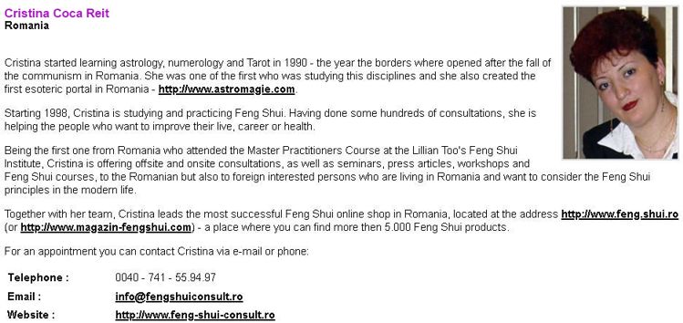 Timp de peste 15 ani am fost listati pe site-ul www.wofs.com la sectiunea de consultanti Feng Shui. (Următoarea imagine este o captură de ecran de pe site-ul wofs.com):